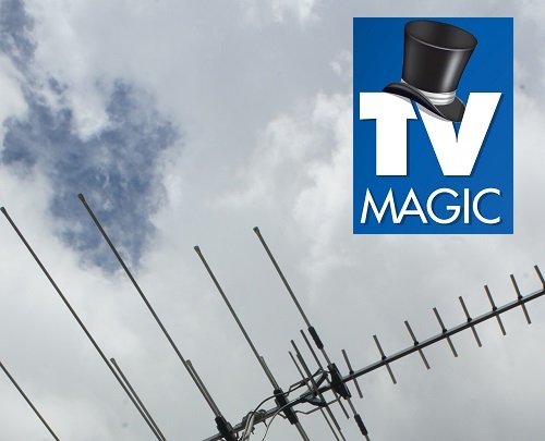 close up of an antenna with a large TV Magic logo in top right corner