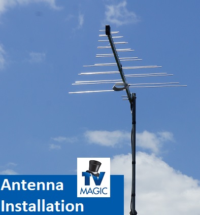an antenna installation with the caption antenna installation with a TV Magic logo overlapping in bottom left corner