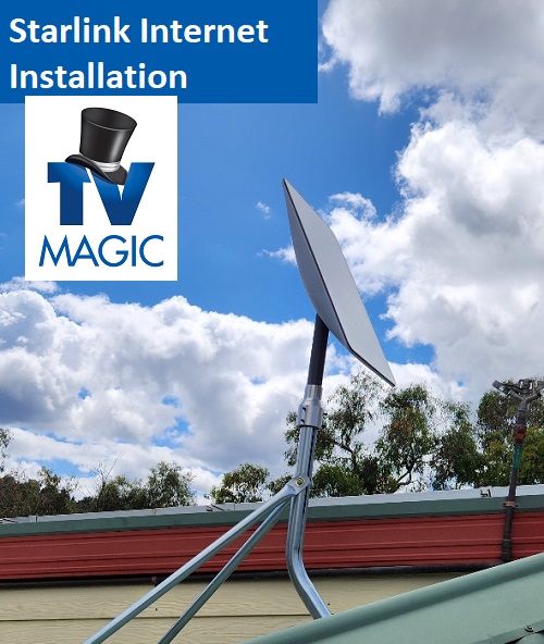 A Starlink internet installation on a tin roof with a caption saying "Starlink internet installation" in blue and white. TV Magic logo on left side beneath caption