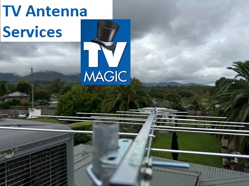 a close up of an antenna with the caption "TV antenna services" on left side, with TV Magic logo overlapping