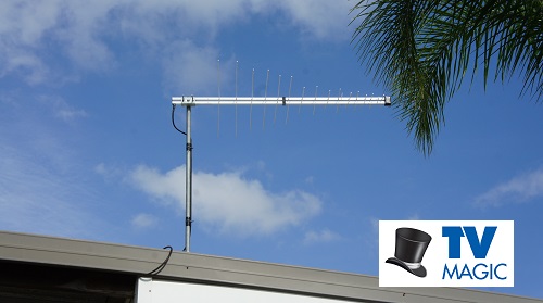 an antenna on a tile roof with a TV Magic logo in bottom right corner