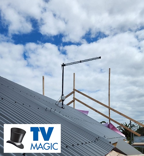 TV Magic antenna installation. Logo in bottom left corner.