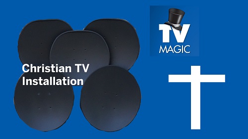 Picture with satellite dishes and caption "Christian TV Installation" 