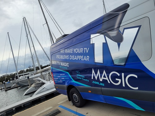 TV Magic van in a marina, ready for a TV installation