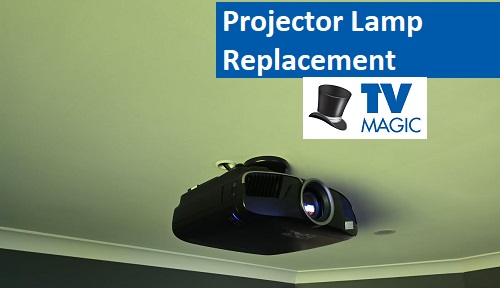 Ceiling mounted projector. Caption "Projector Lamp Replacement" with logo