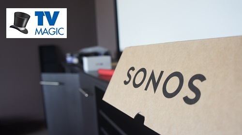 a sonos speaker box, with a TV Magic logo 