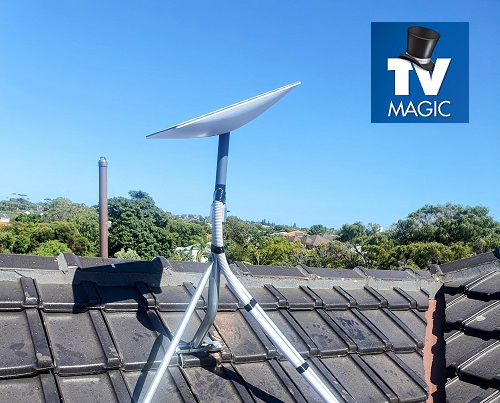 Close up of a TV Magic Starlink internet installation. Logo in top right corner.
