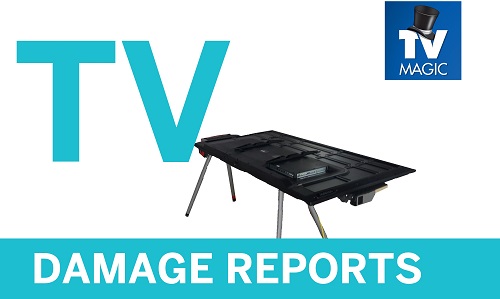 Caption "TV Damage Reprts" A Work bench. Logo in top right corner