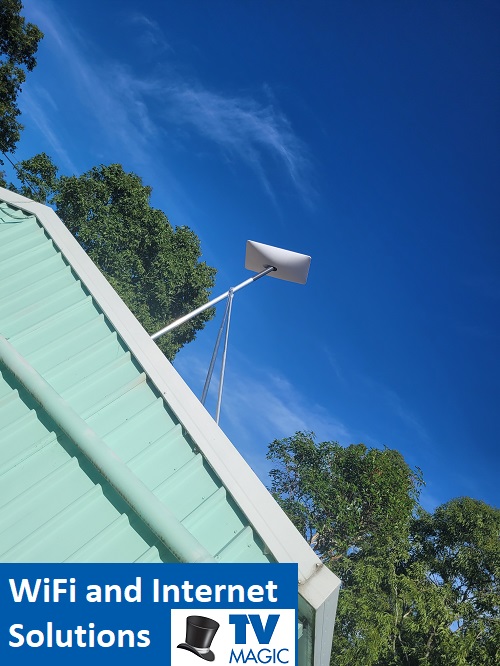 A Starlink kit on a tin roof. Caption "WiFi and Internet Solutions"