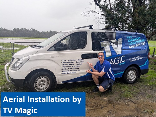 Technician - Lucas, next to his van. Caption "Aerial Installation by TV Magic"