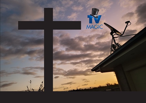 Side of a home with a satellite dish on corner. Cross on screen in background