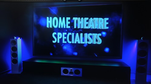 Large screen with caption "Home Theatre Specialists" on screen
