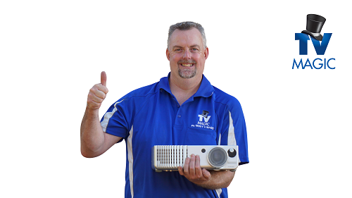 Your technician - Anton, holding up a projector. Caption "Projector Installation" in top right corner