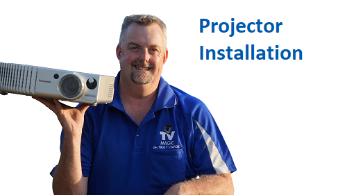 Technician holding a projector. Caption "Projector Installation in top right corner