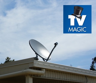 Close up of a TV Magic satellite dish installation with TV Magic logo in top right corner