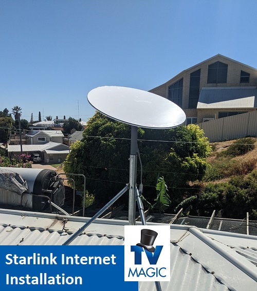 A TV Magic Starlink install. Caption "Starlink Internet Installation" with TV Magic logo, bottom left.