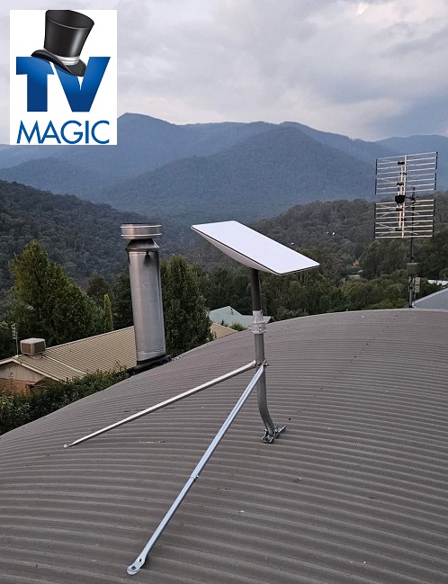 Starlink installation on a tin roof with TV Magic logo in top left corner