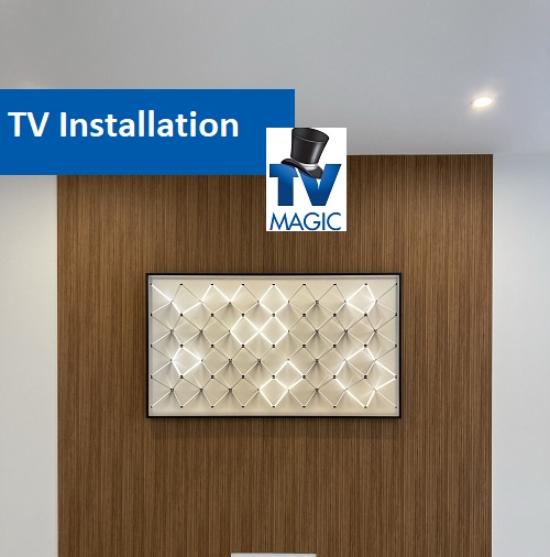 a wall mounted TV. Caption "TV Installation" in top left corner with TV Magic logo