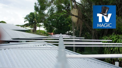 close up of a TV Magic aerial installation. TV Magic logo in top right corner