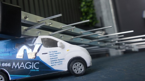 Mini TV Magic van with an aerial on top of it