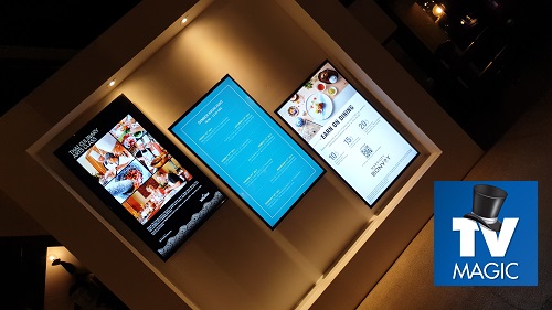 Digital signage by TV Magic. TV Magic logo in bottom right corner