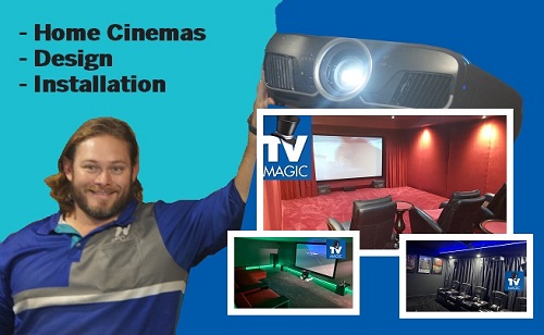 Technician with pics of home theatre jobs and a list of services.