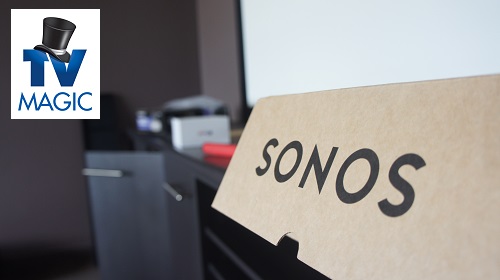 Close up of a boxed Sonos speaker system with TV Magic logo in top left corner