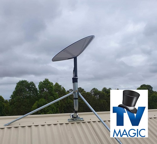 Close up of a Starlink dish with TV Magic logo in bottom right corner