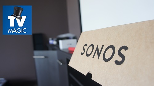Close up of a boxed Sonos sound system
