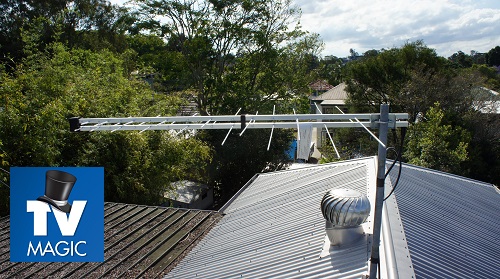 Close up of a TV Magic antenna with TV Magic logo in bottom left corner