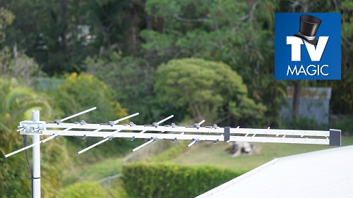 Close up of a TV Magic antenna installation with TV Magic logo in top right corner
