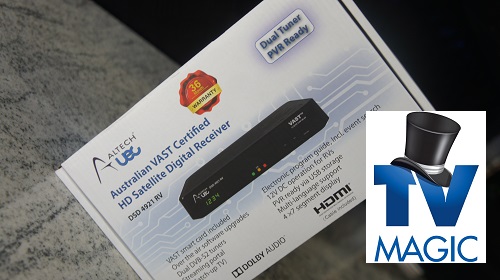 Close up of a Vast box with TV Magic logo in bottom right corner