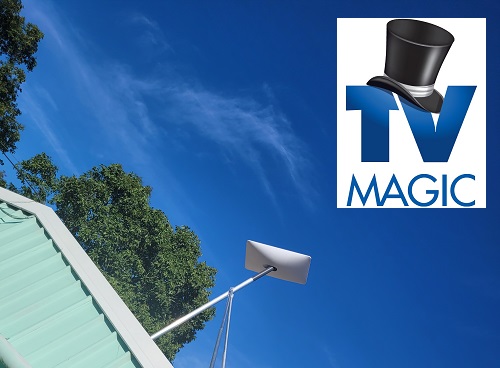 Angular view of a TV Magic Starlink internet installation. Large TV Magic logo in top right corner