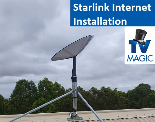 a Starlink dish installed on a tin roof with the caption "Starlink Internet Installation" and a TV Magic logo beneath it in right corner
