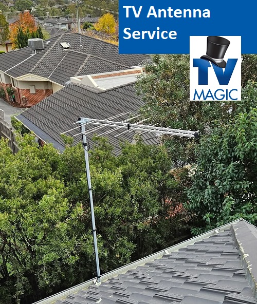 a picture of an antenna installation. Caption "TV Antenna Service" in top right corner, with TV Magic logo
