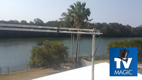 Close up of a TV Magic antenna. Logo in bottom right corner