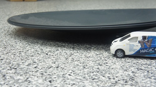 Close up of a satellite dish with mini TV Magic van