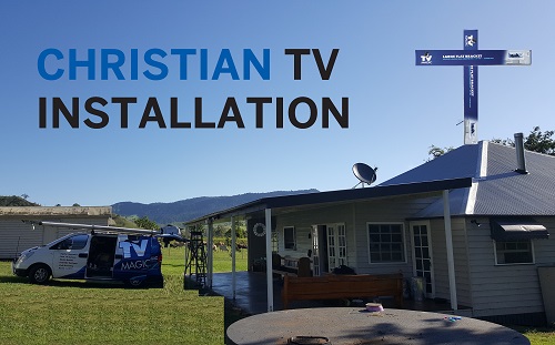 Image of a home with caption "Christian TV Installation". TV Magic van in driveway