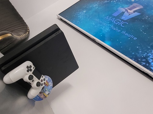 Close up of a gaming console setup