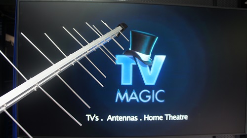 A close up of an antenna, with TV Magic logo