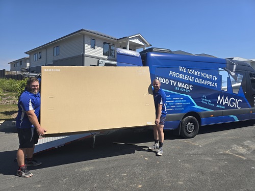 Technicians holding a huge TV