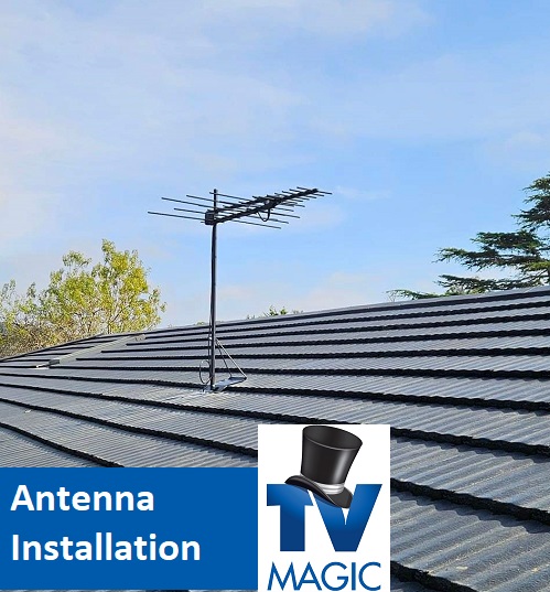 An antenna on a tile roof. Caption "Antenna Installation" with TV Magic logo in bottom left corner