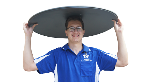Technician with a satellite dish over his head