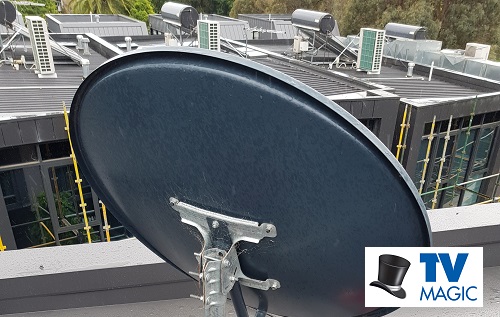 Close up of a satellite dish installation. Logo in bottom right corner