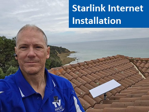 techician - Robert on a roof with a new Starlink internet installation. Caption "Starlink internet installation" in top right corner