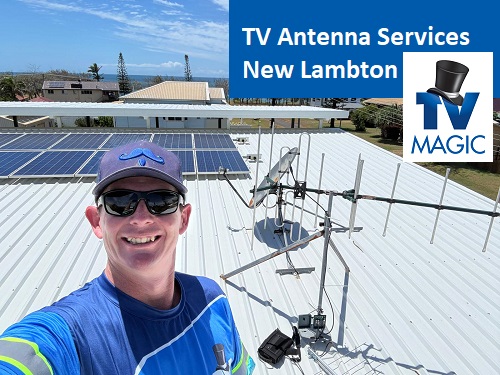 Technician on a roof with an antenna in New Lambton.