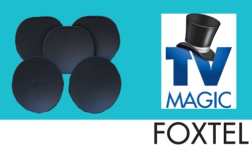 Image of multiple satellite dishes. Caption "Foxtel" TV Magic logo