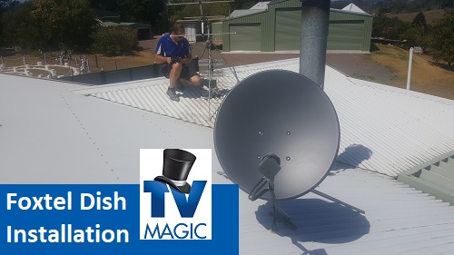 Foxtel dish installation by TV Magic. Caption and Logo bottom left