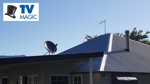 A satellite dish installed by TV Magic. Logo in top left corner