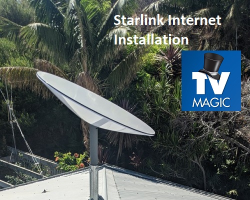close up of a starlink dish. Caption "Starlink internet installation" in top right corner. TV Magic logo overlapping